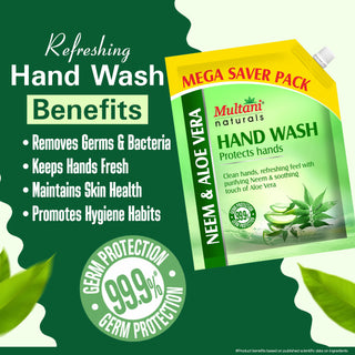 Multani Naturals Hand Wash Neem & Aloe Vera | Clean Hands,| Refreshing feel with Purifying Neem & Soothing touch of Aloe Vera | 99.9% Germ Protection |