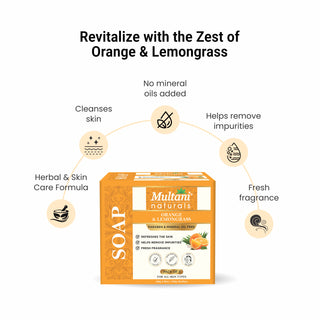 Multani Naturals Orange & Lemongrass Soap I 100 % Ayurvedic Bath Soap for Men & Women I Handmade Herbal Soap Bar with Lemongrass Extract, Orange Oil & Glycerin I, Rich in Vitamin C,  I Kind to Oily & Acne-Prone Skin