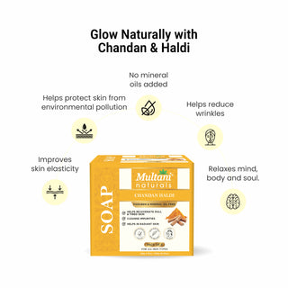 Multani Naturals Chandan Haldi Soap I Ayurvedic Bath Soap for Men & Women I Handmade Herbal Soap Bar with Sandalwood (Chandan), Turmeric (Haldi) & Glycerin I Protects Skin from Environmental Stressor,I Kind to Sensitive & Stressed Skins