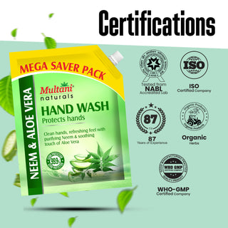 Multani Naturals Hand Wash Neem & Aloe Vera | Clean Hands,| Refreshing feel with Purifying Neem & Soothing touch of Aloe Vera | 99.9% Germ Protection |