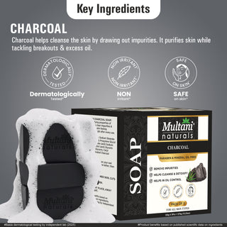 Multani Naturals Charcoal Soap I  Ayurvedic Bath Soap for Men & Women I Handmade Herbal Soap Bar with Activated Charcoal & Glycerin I Detoxes & Cleanses Skin, Refines Skin Texture by Minimizing Pores & Fighting Blackheads and Reduces Scars & Blemishes.