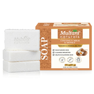 Multani Naturals Coconut Milk & Honey Soap is a handmade Ayurvedic bar for men & women. Enriched with coconut milk, honey & glycerin, it deeply moisturizes, nourishes & leaves skin calm, hydrated & glowing