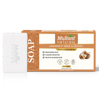 Multani Naturals Coconut Milk & Honey Soap is a handmade Ayurvedic bar for men & women. Enriched with coconut milk, honey & glycerin, it deeply moisturizes, nourishes & leaves skin calm, hydrated & glowing