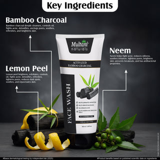 Multani Naturals Charcoal Face Wash for Men & Women | Detox & Deep Cleanse with Activated Bamboo Charcoal | Oil-Control, Acne-Prone Skin | 100 Ml
