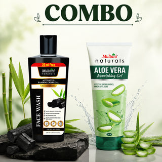 Multani Naturals Charcoal Face Wash & Aloe Vera Gel Combo | Activated Bamboo Charcoal Deep Cleanse + Hydrating Multipurpose Gel | Face & Hair Care