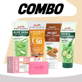 Multani Naturals Complete Skin Care Combo – SPF 50 Sunscreen, Aloe Vera Gel, Rosewater Soap, Walnut Face Scrub & Neem Cucumber Face Wash | Complete Daily Skin Care Set - Rakhi Sale
