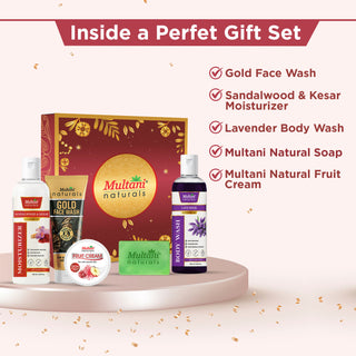 Multani Naturals Beauty Gift Set (5 in 1) | Sandalwood & Kesar Moisturizer, Gold Face Wash, Mix Fruit Cream, Aloe Vera Soap & Lavender Body Wash | Complete Skin Care Combo for Men & Women