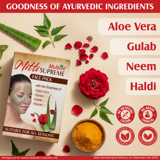 Multani Mitti Supreme Face Pack Powder With Goodness Of Aloe Vera, Gulab, Haldi & Neem | Bentonite Clay For Face Mask
