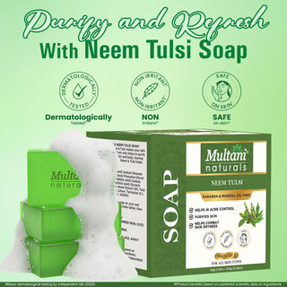 Multani Naturals Neem Tulsi Soap I Ayurvedic Bath Soap for Men & Women I Handmade Herbal Soap Bar with Neem & Tulsi Extract & Glycerin I Gentle Cleanser for Skin with Antioxidants, Fights Dryness with Every Use I Kind to all Skin