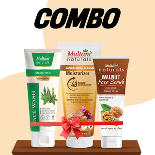 Multani Naturals Complete Skincare Combo for Glowing Skin | Walnut Face Scrub,| Neem & Tulsi Face Was & Sandalwood Kesar Moisturizer | Deep Cleansing, Exfoliation, Hydration for Healthy Radiant Skin