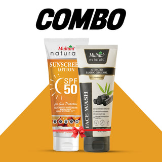 Multani Naturals Skin Defense Duo |Charcoal Face Wash & SPF 50 Vitamin C Sunscreen for Deep Clean & Sun Protection