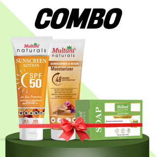 Multani Naturals Glow & Protect Skincare Combo | SPF 50 Sunscreen | Aloe Vera Soap | Sandalwood & Kesar Moisturizer