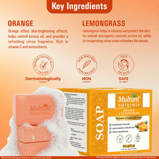 Multani Naturals Orange & Lemongrass Soap I 100 % Ayurvedic Bath Soap for Men & Women I Handmade Herbal Soap Bar with Lemongrass Extract, Orange Oil & Glycerin I, Rich in Vitamin C,  I Kind to Oily & Acne-Prone Skin