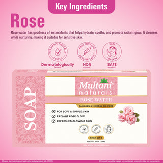 Multani Naturals Rosewater Soap I Ayurvedic Bath Soap for Men & Women | Handmade Herbal Soap Bar with Rose Water & Glycerin | Helps Sooth & Calm Irritated Skin, Hydrate & Softens Skin and Reduces Wrinkles & Fine Lines with Each Use