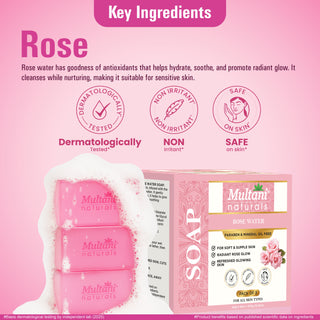 Multani Naturals Rosewater Soap I Ayurvedic Bath Soap for Men & Women | Handmade Herbal Soap Bar with Rose Water & Glycerin | Helps Sooth & Calm Irritated Skin, Hydrate & Softens Skin and Reduces Wrinkles & Fine Lines with Each Use