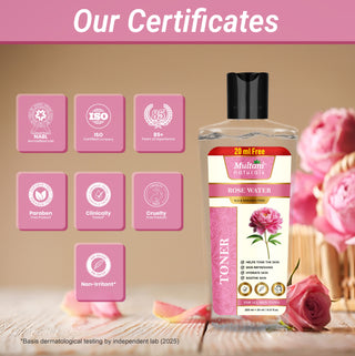 Multani Naturals Rose Water Toner | Oily Acne Prone Dry Combination Skin | Pore Tightening & Glowing Skin | Fades Blemishes, Brightens & Smoothens | Women & Men | SLS & PARABEN FREE