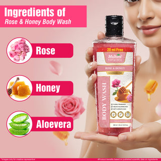 Multani Natural Rose & Honey Body Wash | Floral Fragrance | For Glowing, Soft & Smooth Skin | Gentle Daily Cleanser