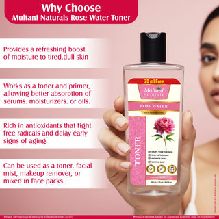Multani Naturals Rose Water Toner | Oily Acne Prone Dry Combination Skin | Pore Tightening & Glowing Skin | Fades Blemishes, Brightens & Smoothens | Women & Men | SLS & PARABEN FREE