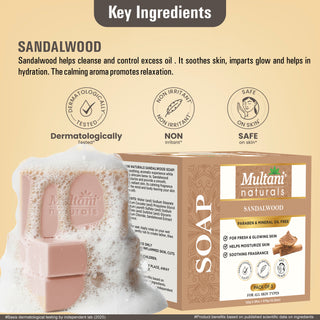 Multani Naturals Sandalwood Soap I Ayurvedic Bath Soap for Men & Women I Handmade Herbal Soap Bar with Sandalwood Extract & Glycerin I Heals & Calms your Skin, Reduces Fine Lines