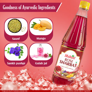 Multani Rose Sharbat | Natural refreshing drink enriched with Saunf, Rose, Mango, Khas, Nilofar, Banafsha & Shankhpushpi | Instant summer drink
