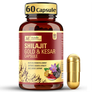 Multani Essentials Shilajit Gold & Kesar Capsules | Daily Energy, Stamina, Strength, Vigour & Vitality Support | With Ashwagandha, Swarna Bhasma & Shudh Shilajit |
