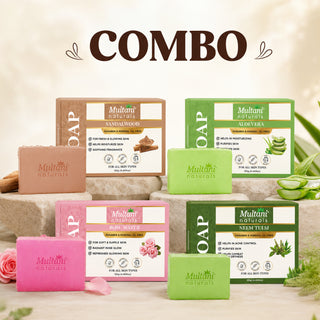 Multani Naturals Ayurvedic Herbal Soap Combo Pack | Sandalwood, Rosewater, Aloe Vera & Neem Tulsi Soaps | Natural Bath Soap for Men & Women | 4 x 125g