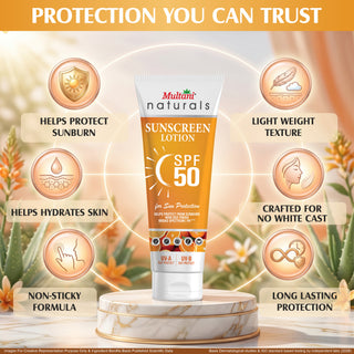 Multani Naturals SPF 50 Sunscreen Lotion | Helps Protect From Sun Burn | Non Oily |Broad Spectrum PA++++| UV-A & UV-B Ray Protecter
