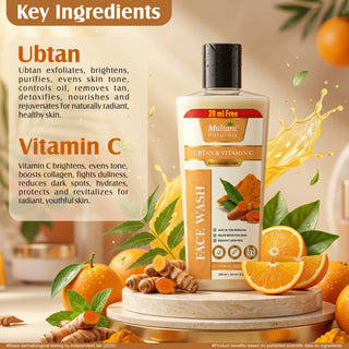 Multani Naturals Ubtan & Vitamin C Face Wash | Ayurvedic Face Cleanser with Essential Oils for Men & Women –Unisex I Face Cleanser Clinically & Dermatologically Tested Herbal Face Wash for Skin With Sulphate Free I  Kind to All Skin Types