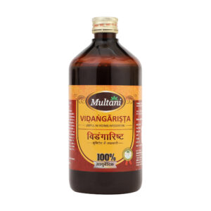 Multani vidangarishta bottle with brand labelling